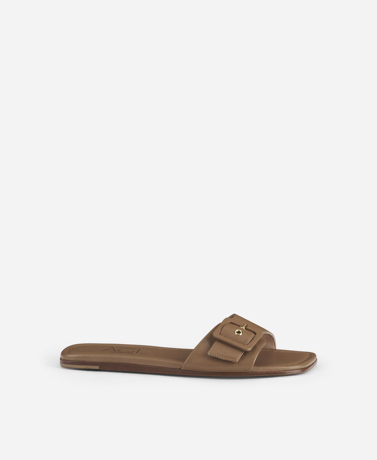 Slider with acrylic buckle Cognac Elsy Slides | AGL Shoes