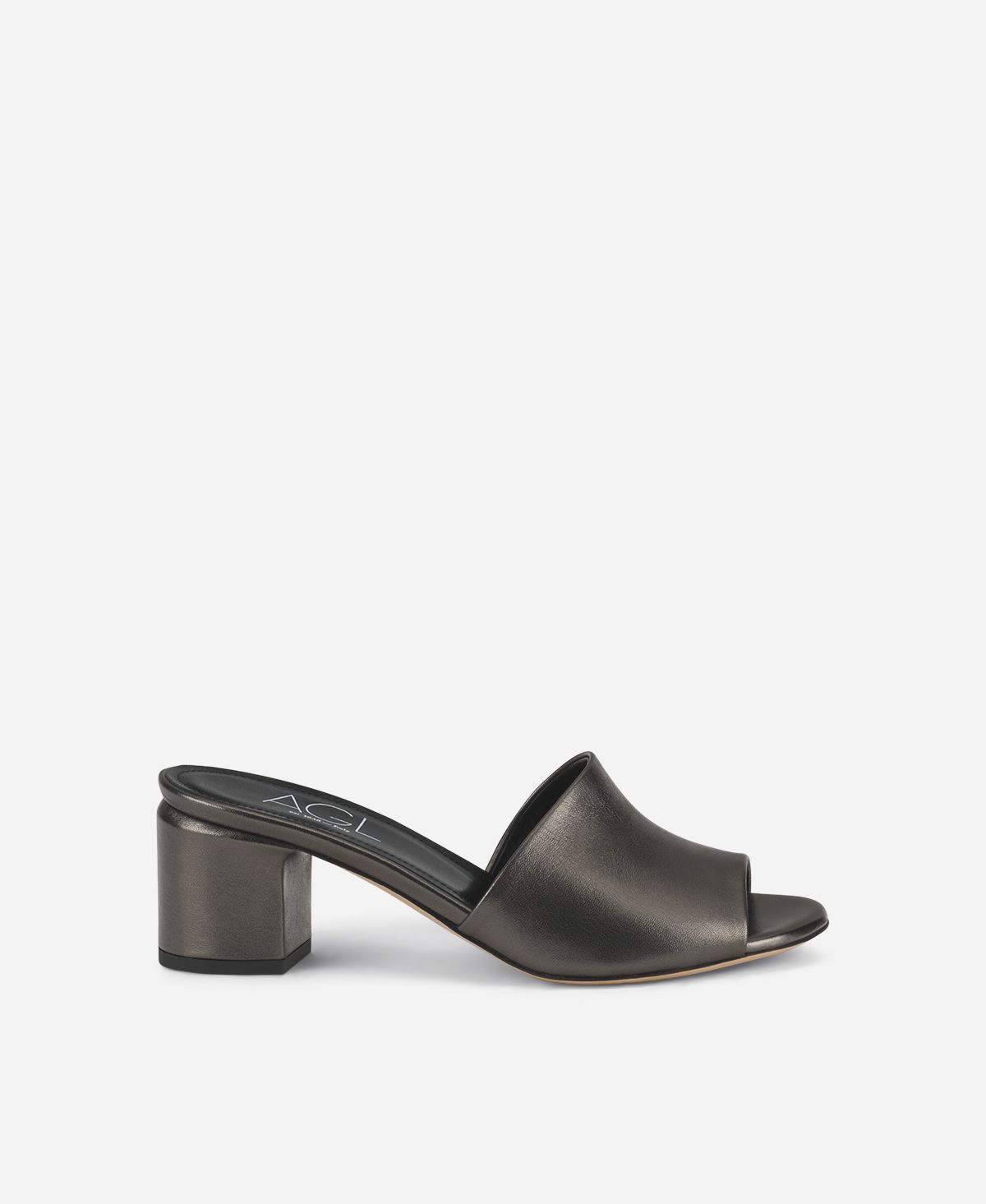 LA MADRINA グリッターオープントゥ9cmヒール　タンゴ　クロスアンクル Metallic leather mule Slate Grey Luana | AGL Shoes